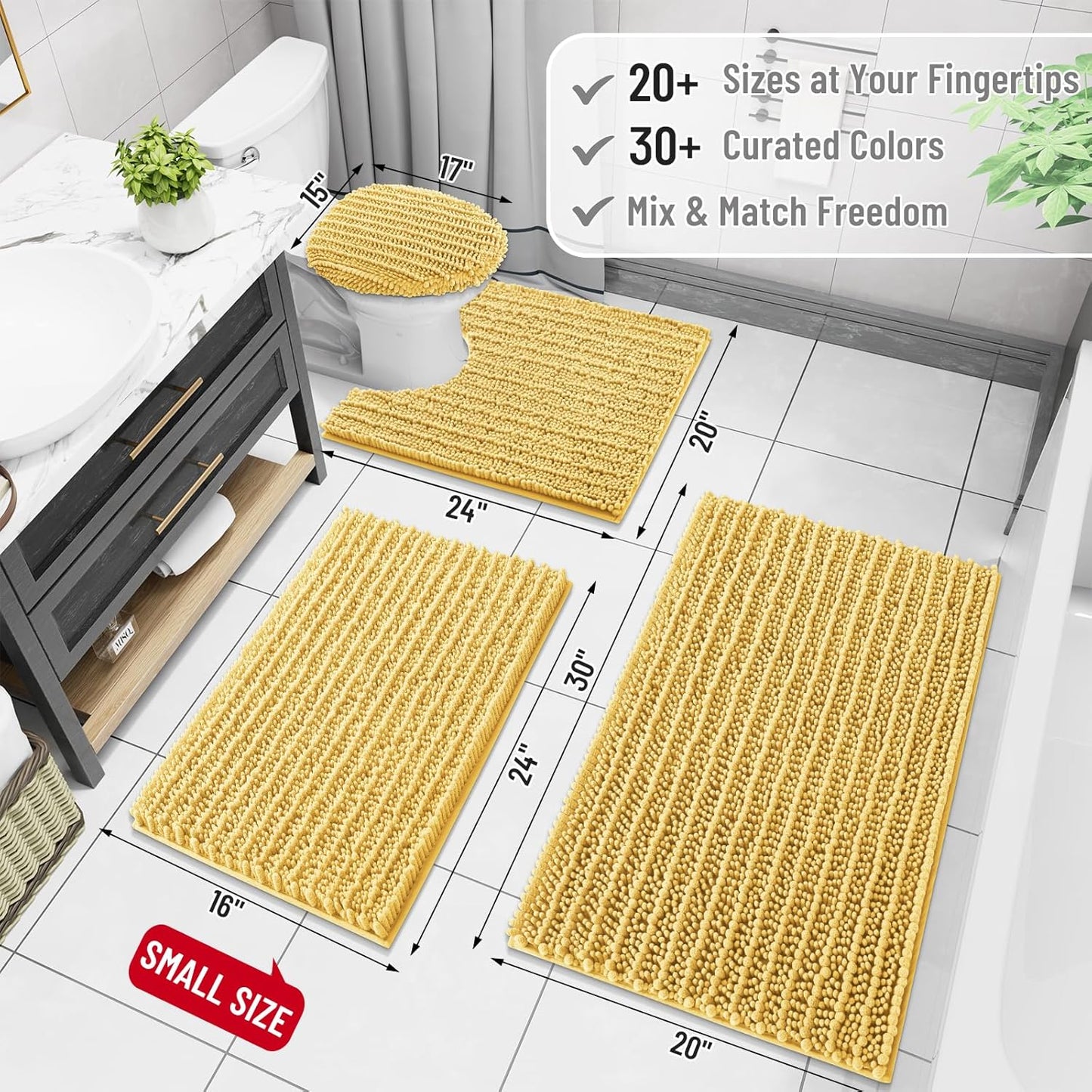 Arotive Luxury Chenille Bathroom Rug Mat, Extra Soft Thick Absorbent Shaggy Bath Rugs, Non-Slip Machine Wash Dry, Plush Bath Mats for Bathroom, Shower and Tub, 36x24, Yellow