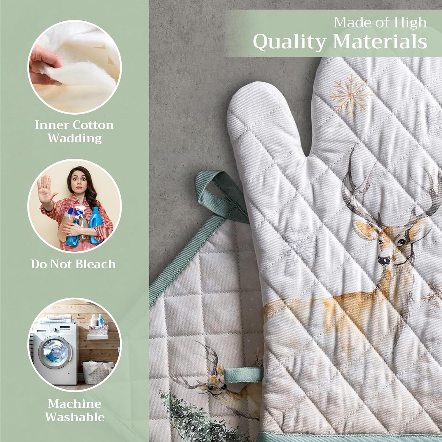 Maison d' Hermine 100% Cotton Oven Mitt & Pot Holder Set (7.5"x13" & 8"x8") Heat Resistant BBQ Cooking Gloves with Loop, Baking, Grilling, Kitchen, Handling Hot Pans (Deer in The Woods)