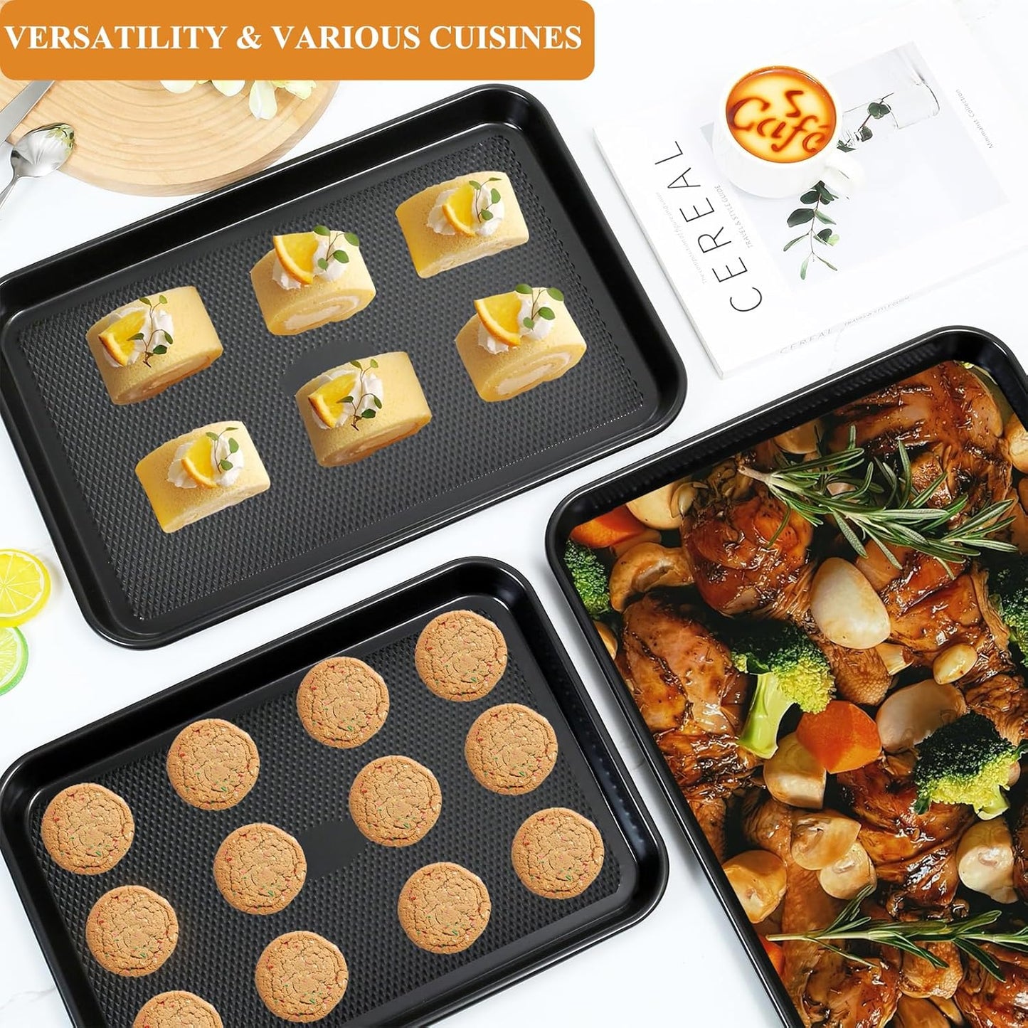 SS&CC Nonstick Baking Sheet Pan Set of 3, 0.8mm Carbon Steel Cookie Sheets for Oven - Half/Quarter/Jelly Roll Pans with Diamond Texture, PFOA-Free & Oven Safe (17.5x12, 15.5x10.2, 13.5x9.5 Inch)