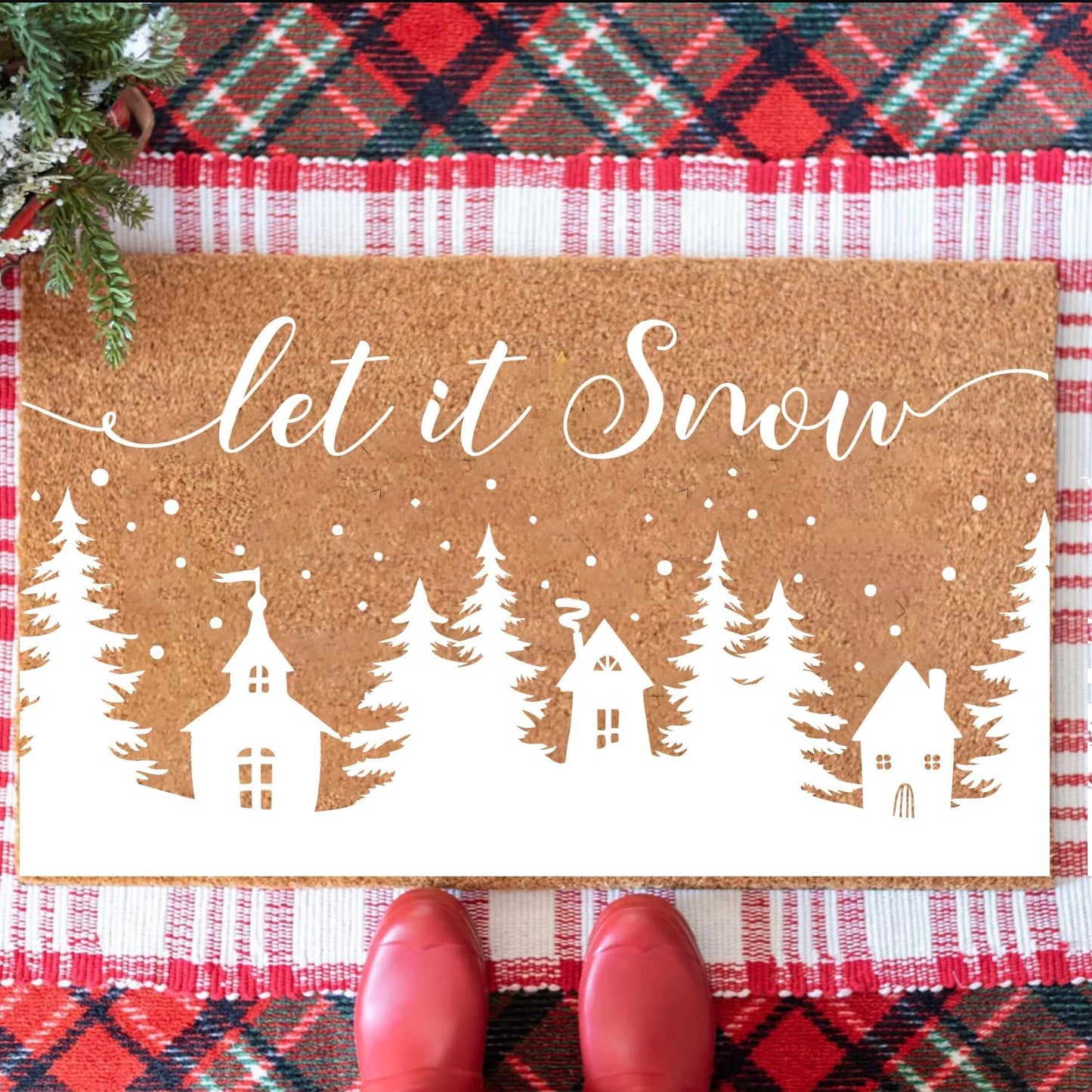 Christmas Stencils for Window Glass Large Christmas Village Stencil for Wood Christmas Tree House Holiday Drawing Templates for Painting on Wall Canvas Paper Doormat