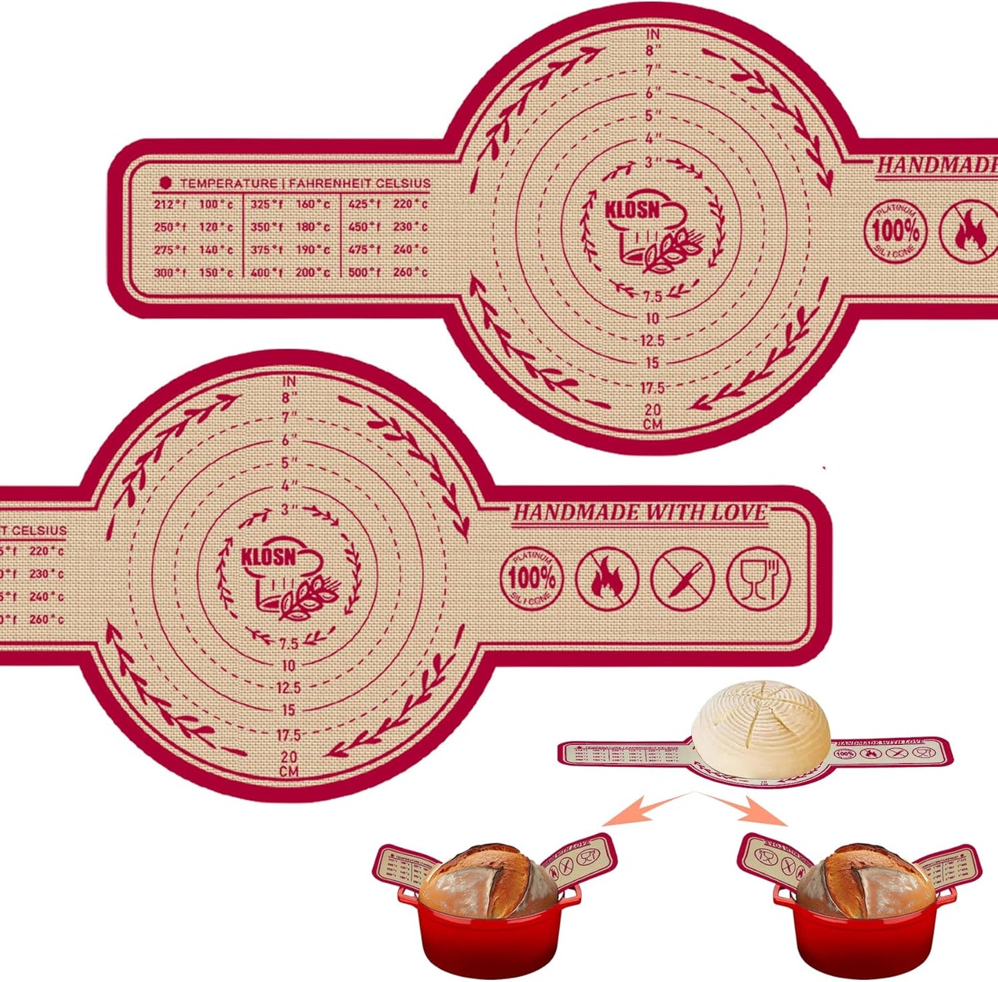 Large Silicone Bread Sling for Dutch Oven, 2 Pack (10" Round) – Non-Stick & 500°F Heat Resistant Sourdough Mat, Easy to Clean, Reusable Food-Grade Sourdough Sling – Fits 7 qt and up Dutch Ovens