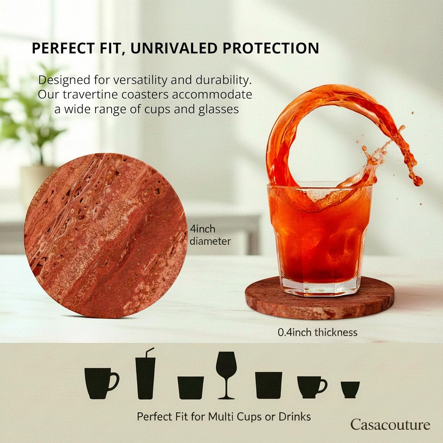 CASACOUTURE-Red Travertine-Stone-Coasters Set of 4-Round -4" Diameter Drink Coasters for Housewarming Desktop Protection Suitable for Various Cups - Sturdy and Durable Aesthetics