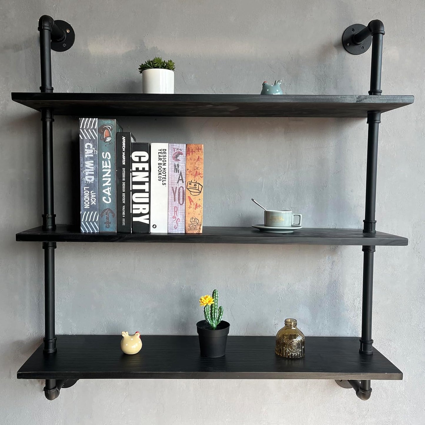 Industrial Pipe Shelf Shelving Bookcase, Wall Mounted Rustic Bookshelf, Floating Bookshelves for Wall,Retro Wood Metal Pipe Industrial Shelves for Living Room