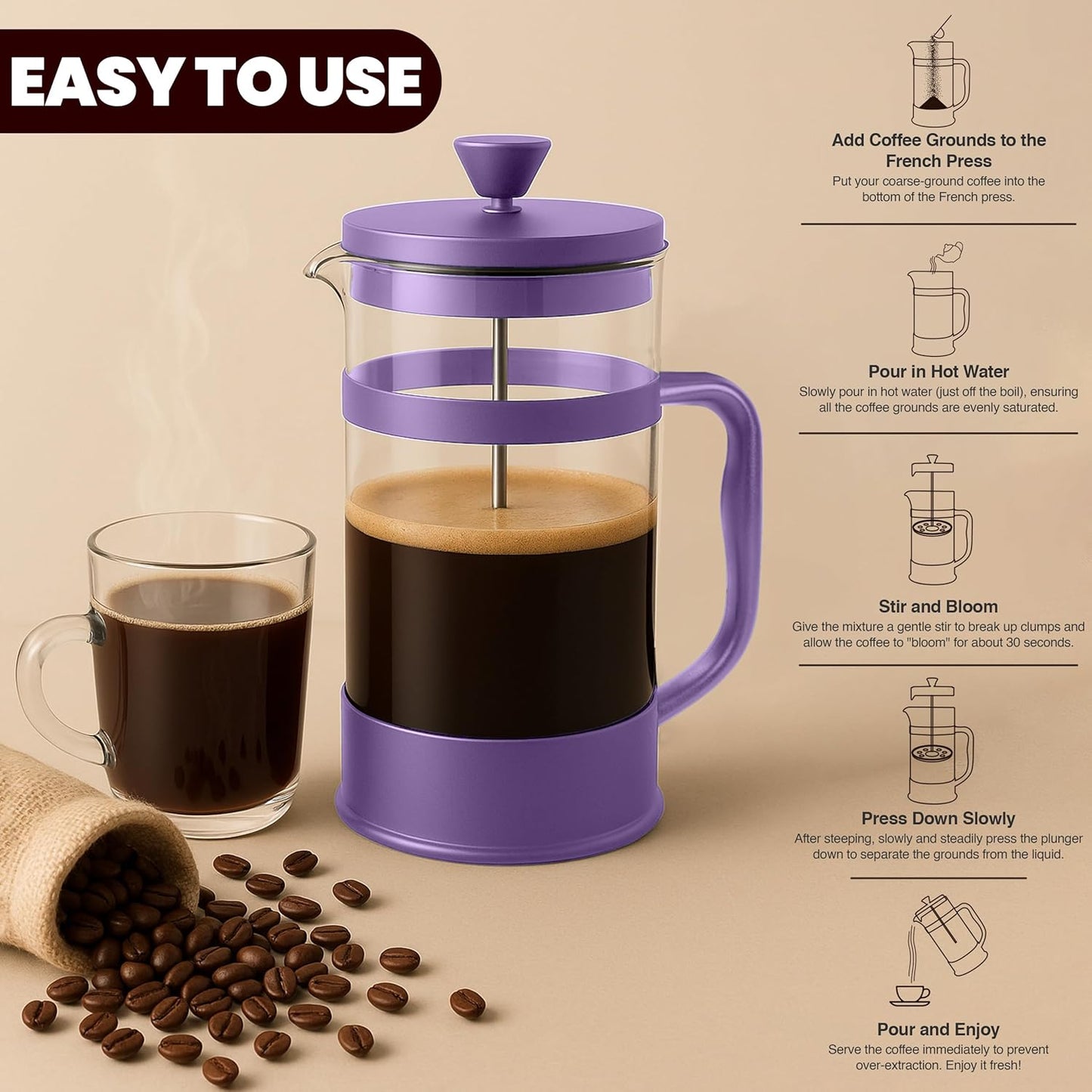 Utopia Kitchen 34 Ounce 1 Liter French Press Coffee Maker, Tea Maker, Travel Coffee Presses, Heat Resistant Thickened Borosilicate Coffee Pot for Camping Travel Gifts, Plum Pack of 1