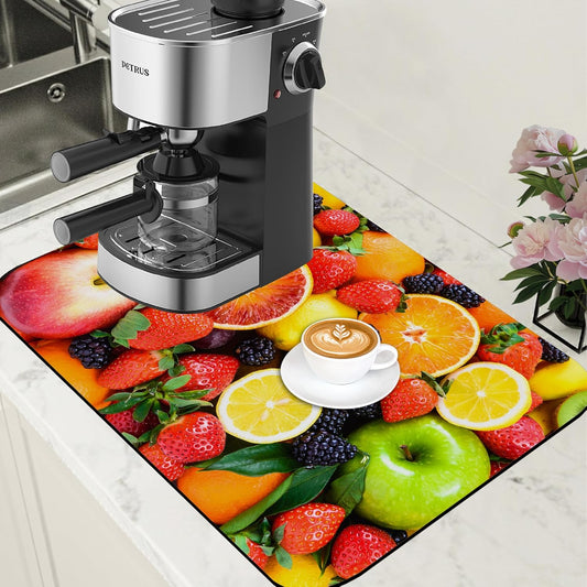 Fresh Fruits Dish Drying Mat for Kitchen Counter Coffee Bar Mat Hide Stain Absorbent Non-Slip Rubber Backed Drying Rack Pad Espresso Machine Coffee Bar Accessories 15.7 x 23.6 Inch