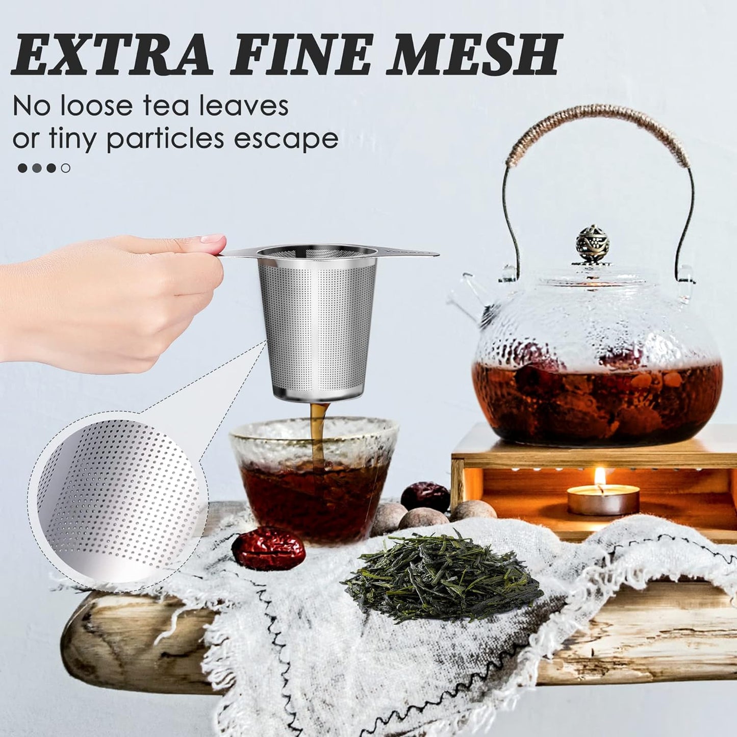 Extra Fine 18/8 Stainless Steel Tea Infuser Mesh Strainer with Large Capacity & Perfect Size Double Handles for Hanging on Teapots, Mugs, Cups to Steep Loose Leaf Tea and Coffee (2 Pack)