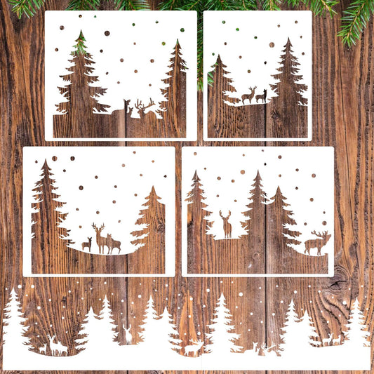 Christmas Stencils for Window Glass Large Christmas Stencil Forest Deer Stencil for Doormat Winter Scene Holiday Drawing Templates for Painting on Wall Canvas Paper Doormat