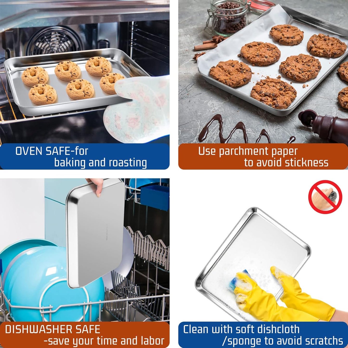 P&P CHEF 9 Inch Baking Cookie Sheet, Oven Pan Tray Stainless Steel Sheet Pan for Kitchen, Oven Bakeware for Multi Uses, Shiny Look & Dishwasher Safe, Healthy & Heavy Duty, 4Pcs