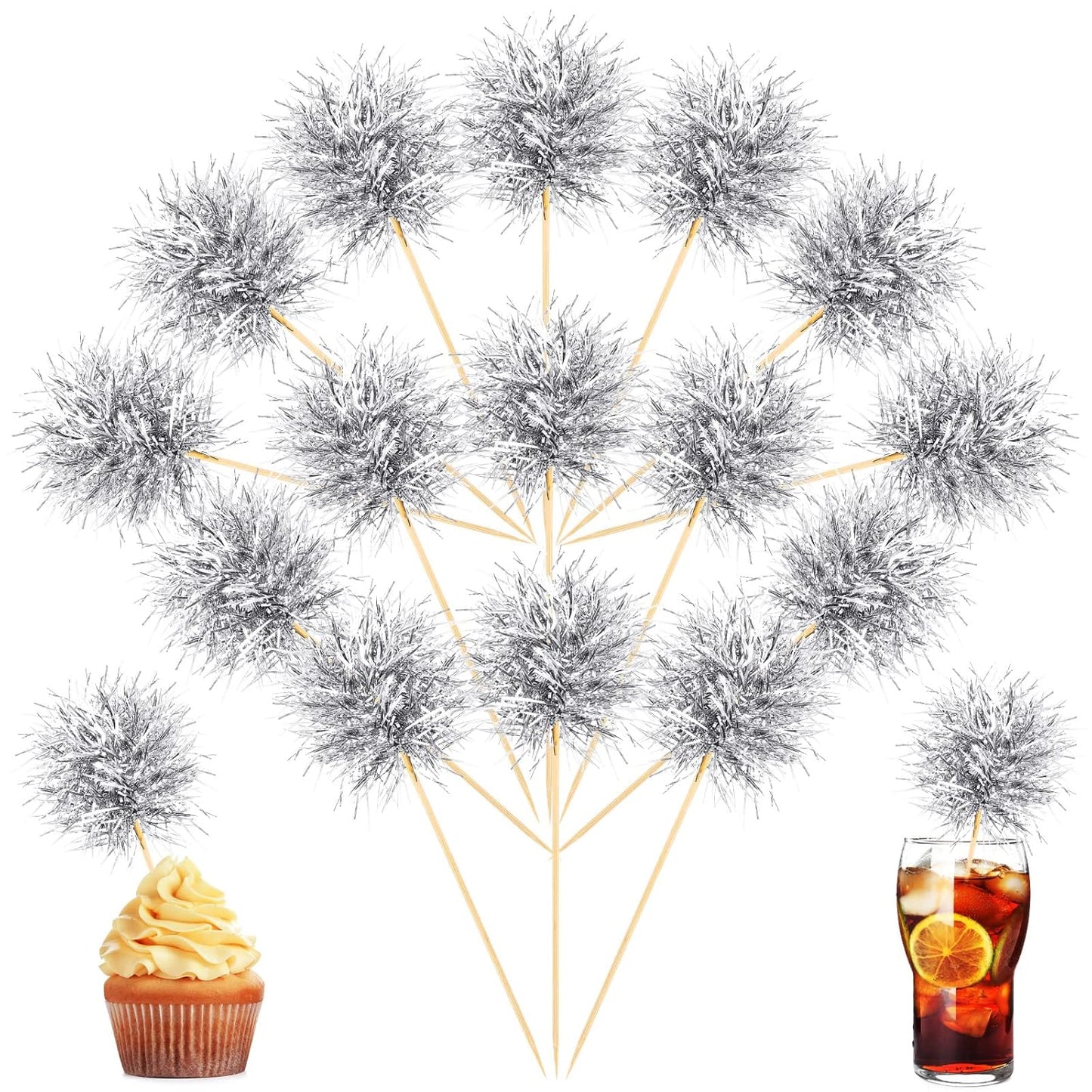 Chinco 100 Pcs Foil Firework Cupcake Toppers Sparkle Tinsel Cake Toppers Cake Decoration Cocktail Fruit Toothpick for Birthday Wedding Graduation Party(Silver)