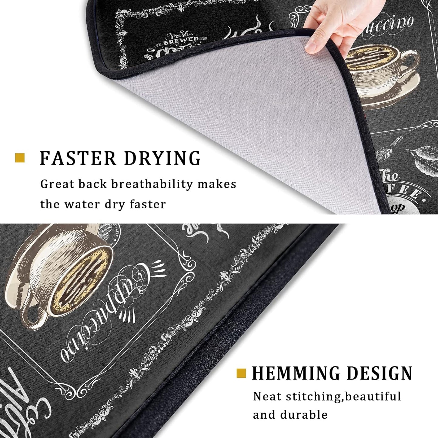 Coffee Bean Maker Dish Drying Mat for Countertops, 18x24 inch Absorbent Microfiber Espresso Cup Spill Mats Black Machine Drainer Mat Dish Drainer Rack Mat Protector Kitchen Accessories Bar Time Chef