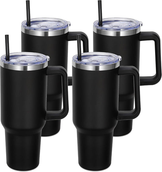DOMICARE 40 oz Tumbler with Handle and Straw, Stainless Steel Tumbler with Lid and Straw, Reusable Vacuum Insulated Cup, Travel Coffee Mug, Black, 4Pack