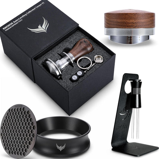 58mm Espresso Must Haves Tools Portafilter Funnel, Self Leveling Tamper, Coffee Distributor, Espresso Needle Whisk and Puck Screen