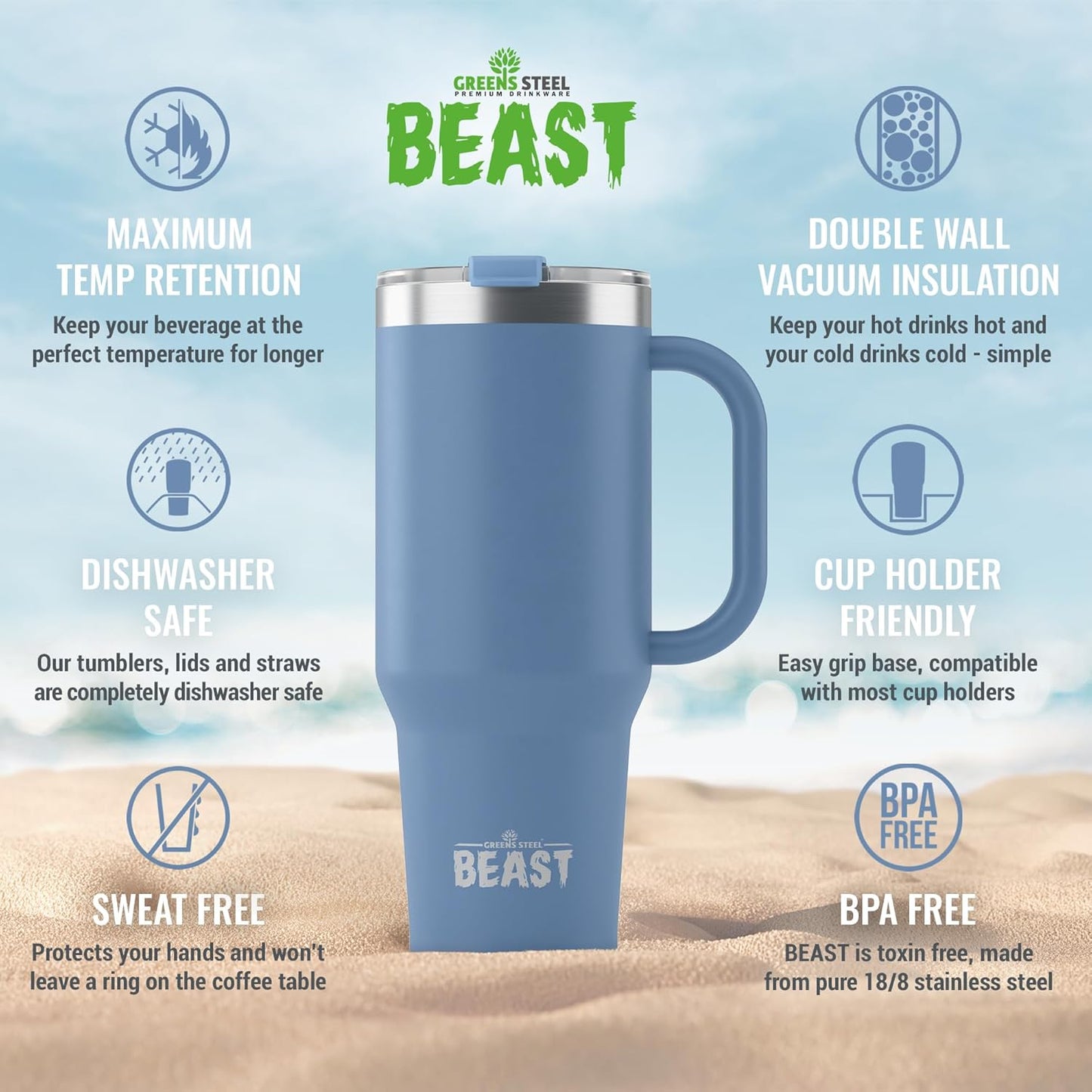 Beast 42 oz Tumbler Stainless Steel Vacuum Insulated Coffee Ice Cup Double Wall Travel Flask (Stormy Sky Blue)