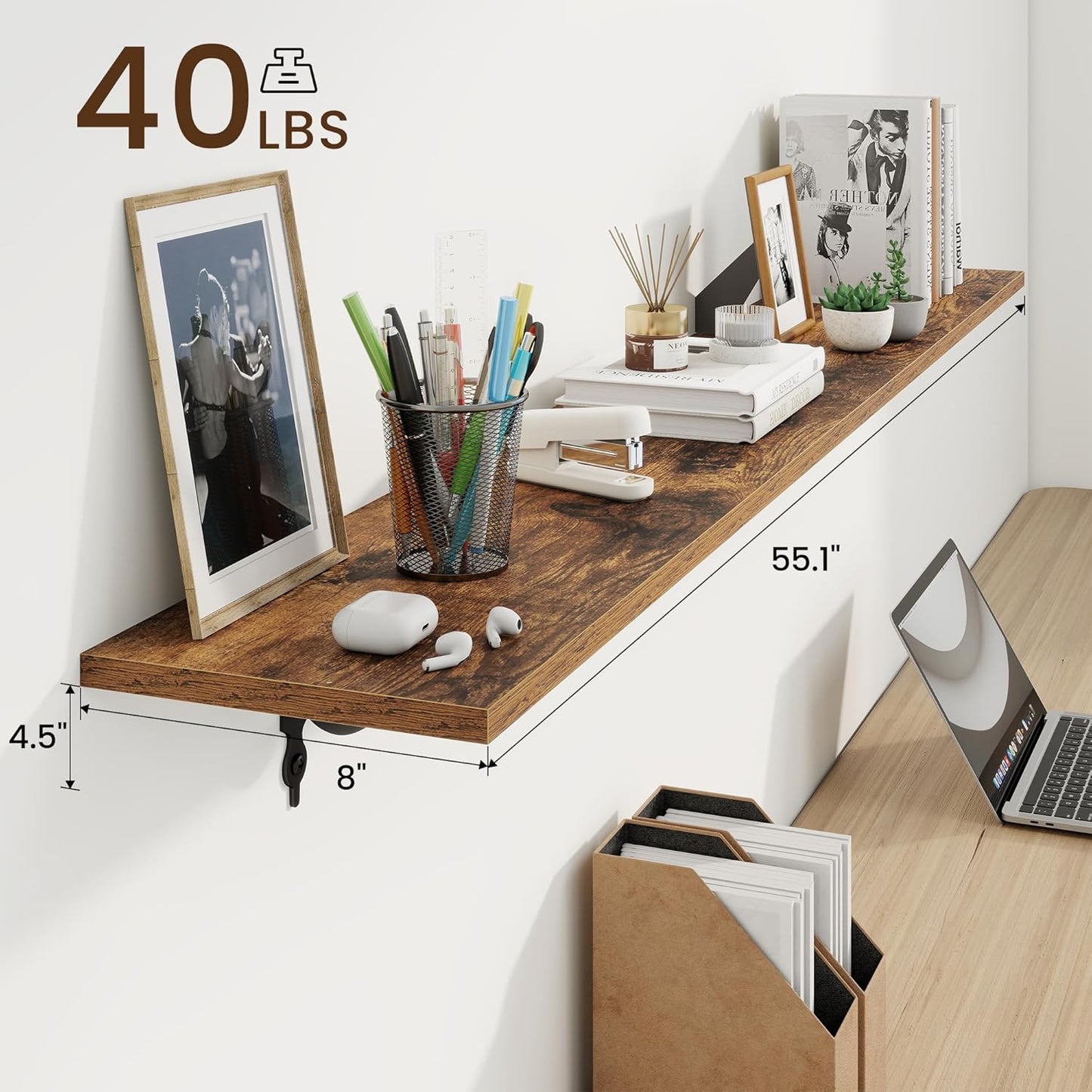 RICHFOCUS Floating Shelves for Wall Decor, 55.1W x 8D Wall Shelves Set of 2, 8 Inch Deep Rustic Wood Shelves Wall Mounted with Brackets, Long Shelves for Living Room Bedroom Kitchen, Rustic Brown