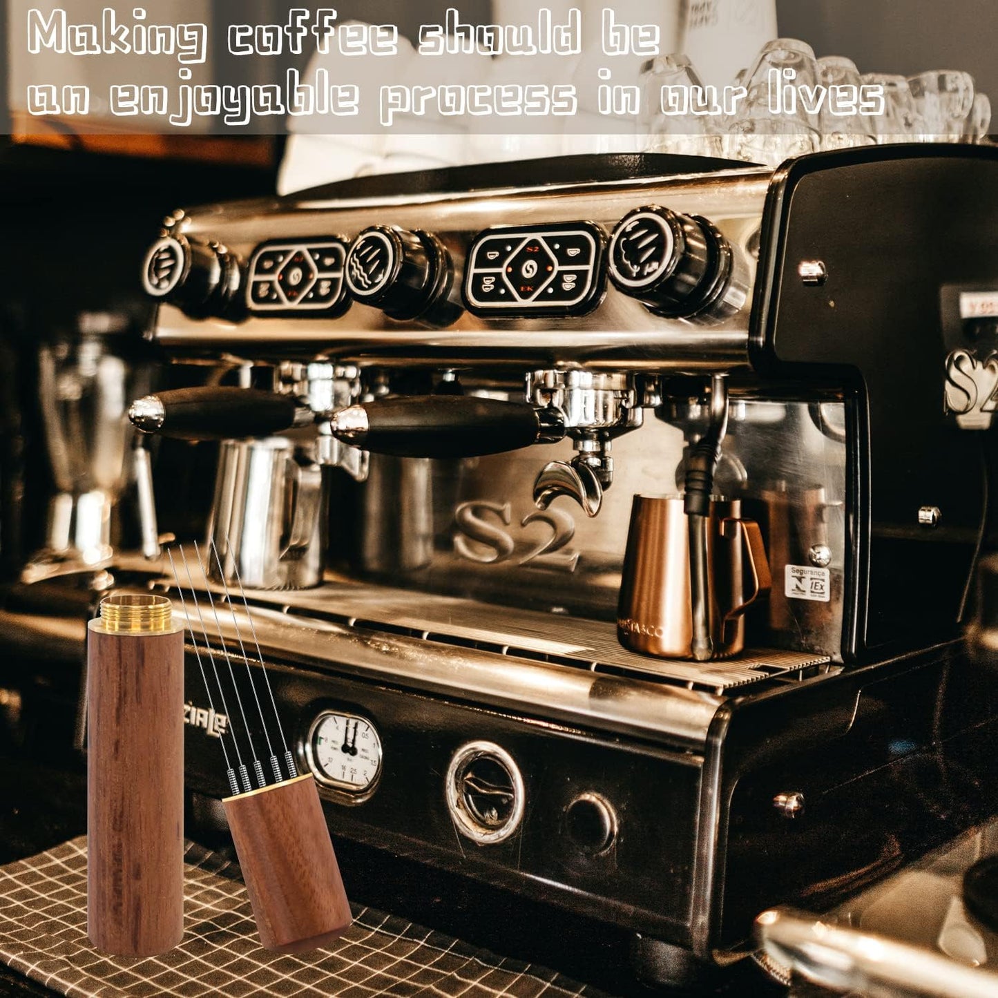 Espresso Coffee Stirrer, Espresso Distribution Tool Coffee Stirring Tool,Professional Barista Hand Needle Type Distribution Tool 5 Needles 0.4mm Natural Wood Handle and Stand