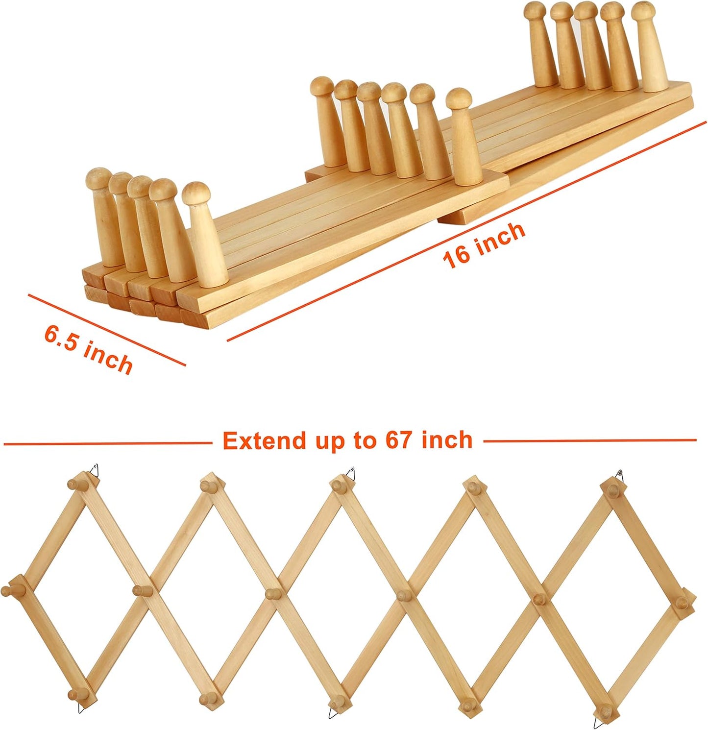 Dseap Accordian Wall Hanger: 16” High Wooden Wall Expandable Coat Rack, Hat Rack Holder, Accordion Hook for Baseball Caps, Coats, Mugs, 16 Peg Hooks, Natural
