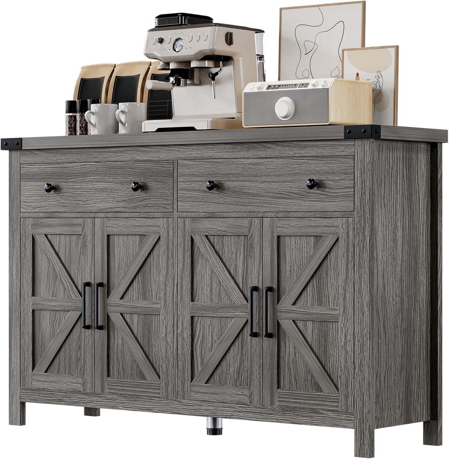 55" Sideboard Buffet Cabinet with Storage, Coffee Bar Cabinet with 2 Drawers and 4 Barn Doors, Long Storage Cabinet Modern Farmhouse, Grey Wood, for Kitchen, Dining Room, Living Room