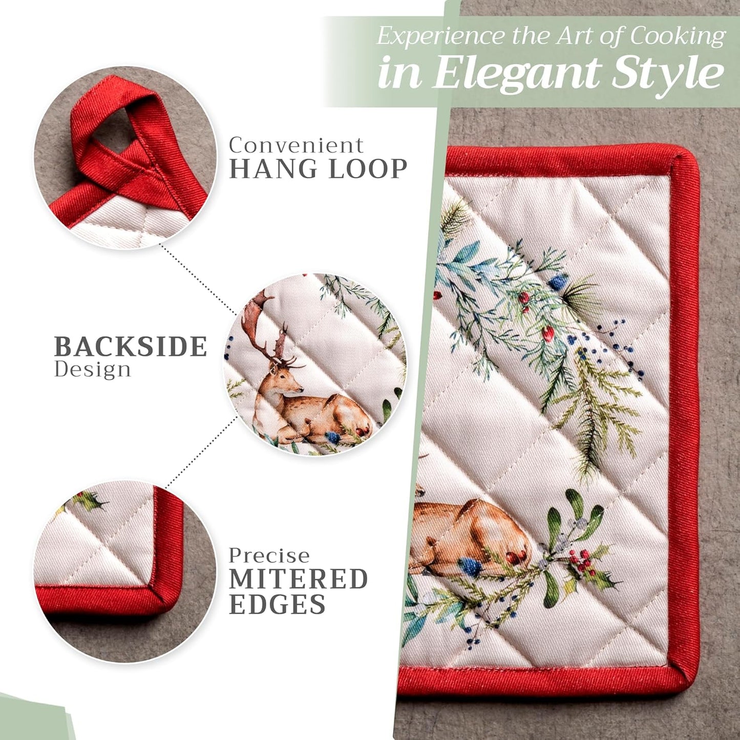 Maison d' Hermine Pot Holders Set 100% Cotton Heat Resistant Potholders 8" x 8" Hot Pads with Loop BBQ, Cooking, Baking, Grilling, Kitchen, Handling Hot Pans (Pack of 2, Holly Time)