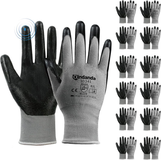 ANDANDA 12 Pairs Work Gloves, Smart Touch, 3D Comfort Stretch Fit, Nitrile Coated, Men Work Gloves with Grip, Seamless Knit Nylon, Suitable for Warehousing, Logistics, Handling, Black（L）