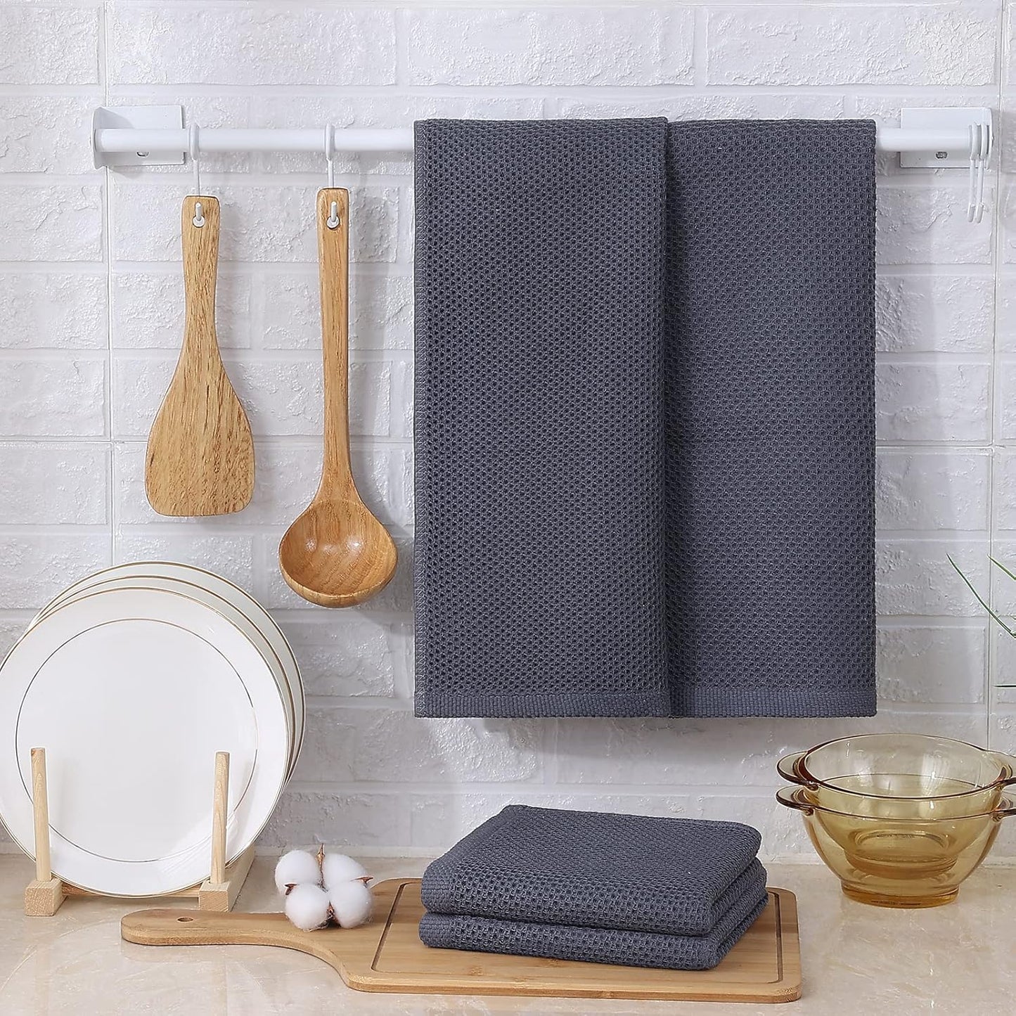Kitinjoy 100% Cotton Waffle Weave Kitchen Towels, 4-Pack Super Soft and Absorbent Dish Towels for Drying Dishes, Kitchen Hand Towels, 13 in x 28 in, Dark Grey
