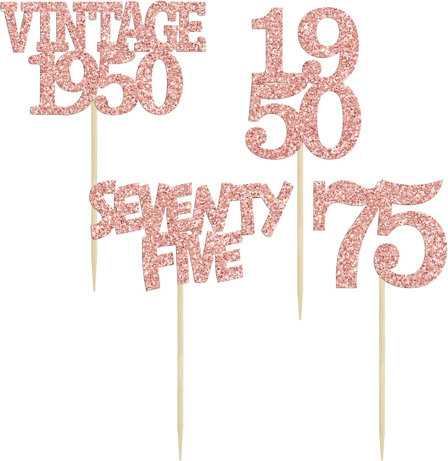 Gyufise 24Pcs 75th Birthday Cupcake Toppers Glitter Cheers to 75 Fabulous Seventy Five Vintage 1950 Cupcake Picks 75th Birthday Wedding Anniversary Party Cake Decorations Supplies Rose Gold