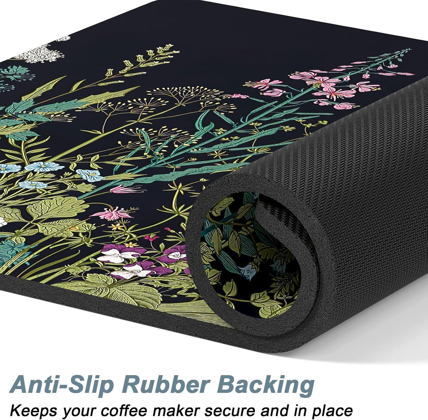 Rnivvi Coffee Mat, 16" x 24" Cute Flower Theme Coffee Bar Mats for Espresso Machine Station Accessories and Organizer, Hide Stain Rubber Backed Absorbent Dish Drying Pad for Kitchen Counter, Black