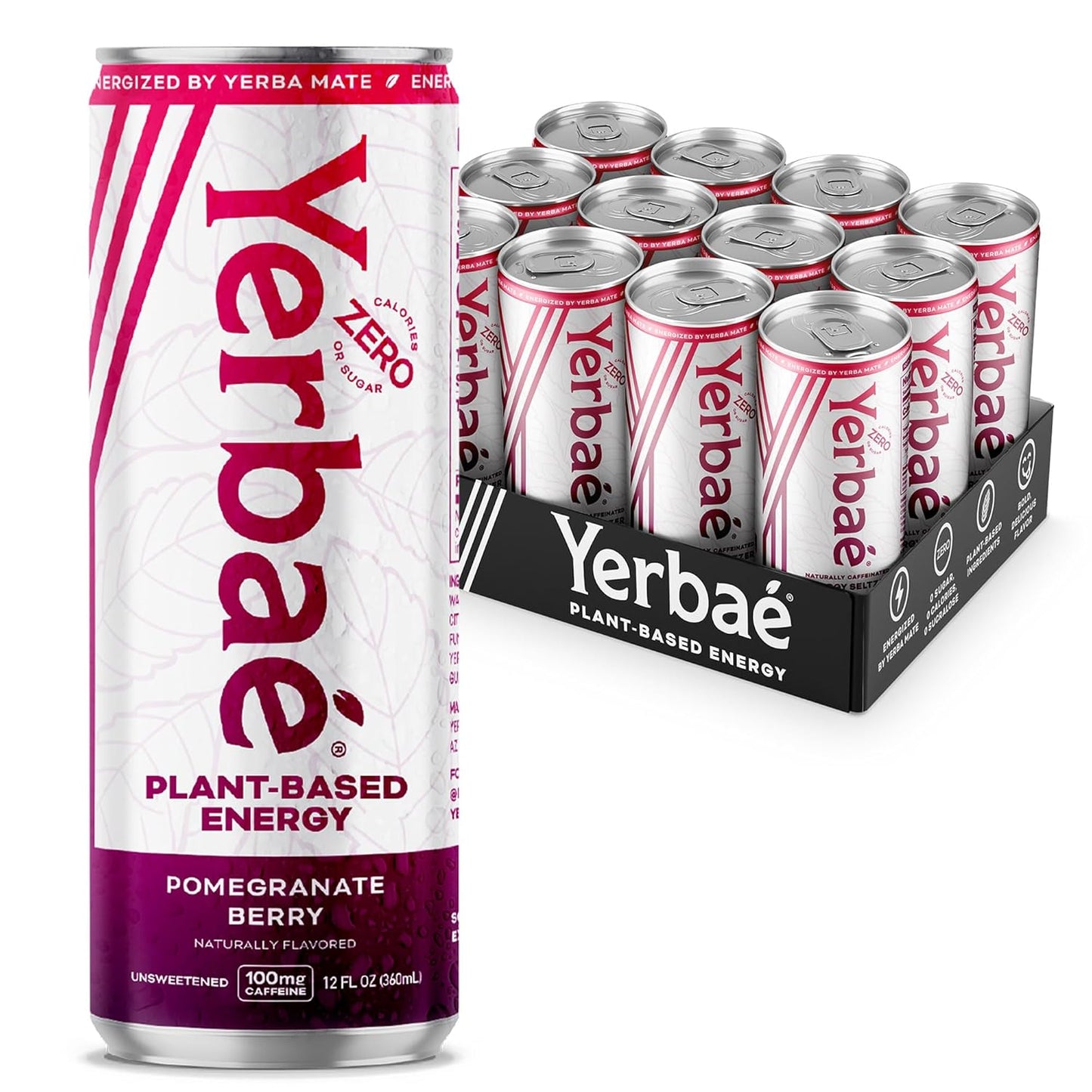 Yerbaé Energy Seltzer - Pomegranate Berry, No Sugar/Calories/Carbs. Energized by Yerba Mate, Naturally Caffeinated Plant-Based, Healthy Alternative to Coffee, Sugary Sodas, Pack of 12, 12oz cans
