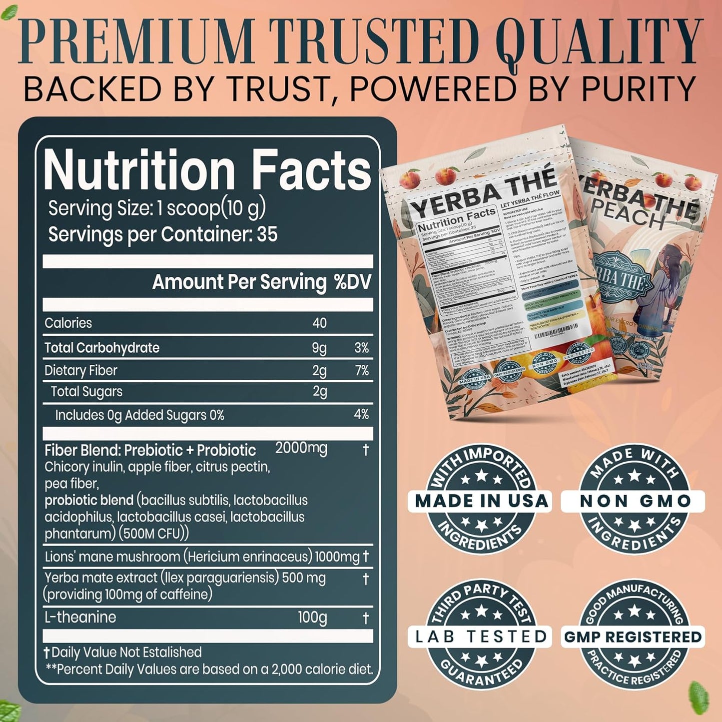 Ancient Diosa - Yerba Mate Tea Powder 350g, 35-Servings - Peach Flavor Clean Energy Drink Superfood - Support Gut Health with Probiotics and Prebiotics, Reduce Brain Fog, Relaxation and Focus Blend