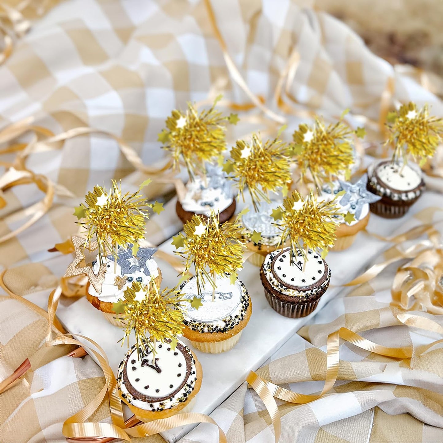 Gyufise 30Pcs Star Foil Firework Cupcake Toppers Sparkle Tinsel Cake Toppers Tinsel Drink Cake Decoration Cocktail Picks for Birthday Wedding Graduation Party Supplies Gold
