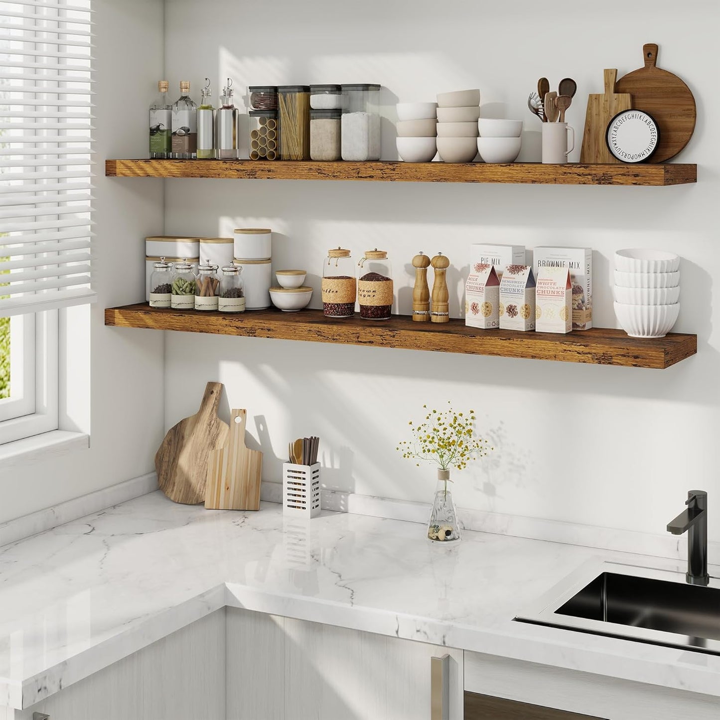 Fun Memories 55 Inch Fireplace Mantel Shelf -Long Floating Shelves, Deep Wall Mounted Farmhouse Display Shelves with Invisible Heavy Duty Metal Bracket, Brown, 2 Pack