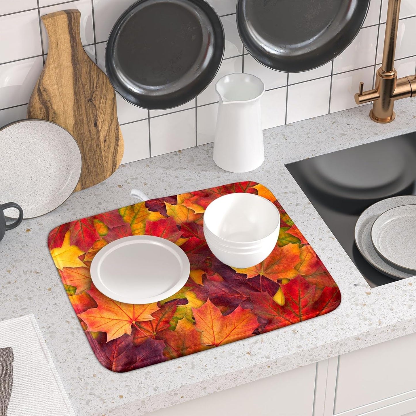 Colorful Autumn Maple Leaves Dish Drying Mat for Kitchen Counter Fall Drying Mat 16 x 18 Inch with Absorbent Reversible Microfiber Dish Drying Pad Dish Rack Drainer Mat for Coffee Bar