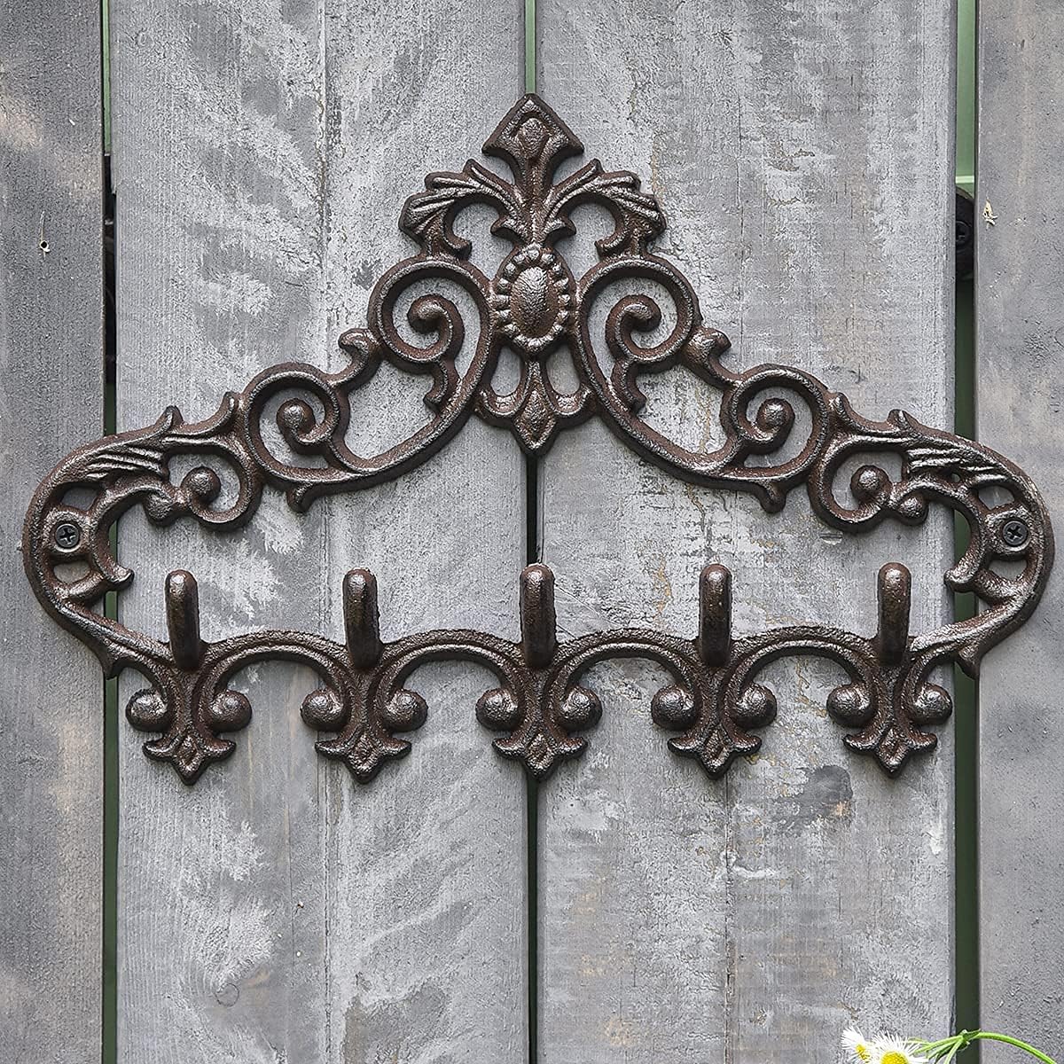 Sungmor Cast Iron Rustic Coat Hook Hanger with 5 Hooks - Practical Iron Storage Organizer/Wall Hooks Hanging Rack - Pretty Pattern Charming Wall Decor for Keys Clothes Hats