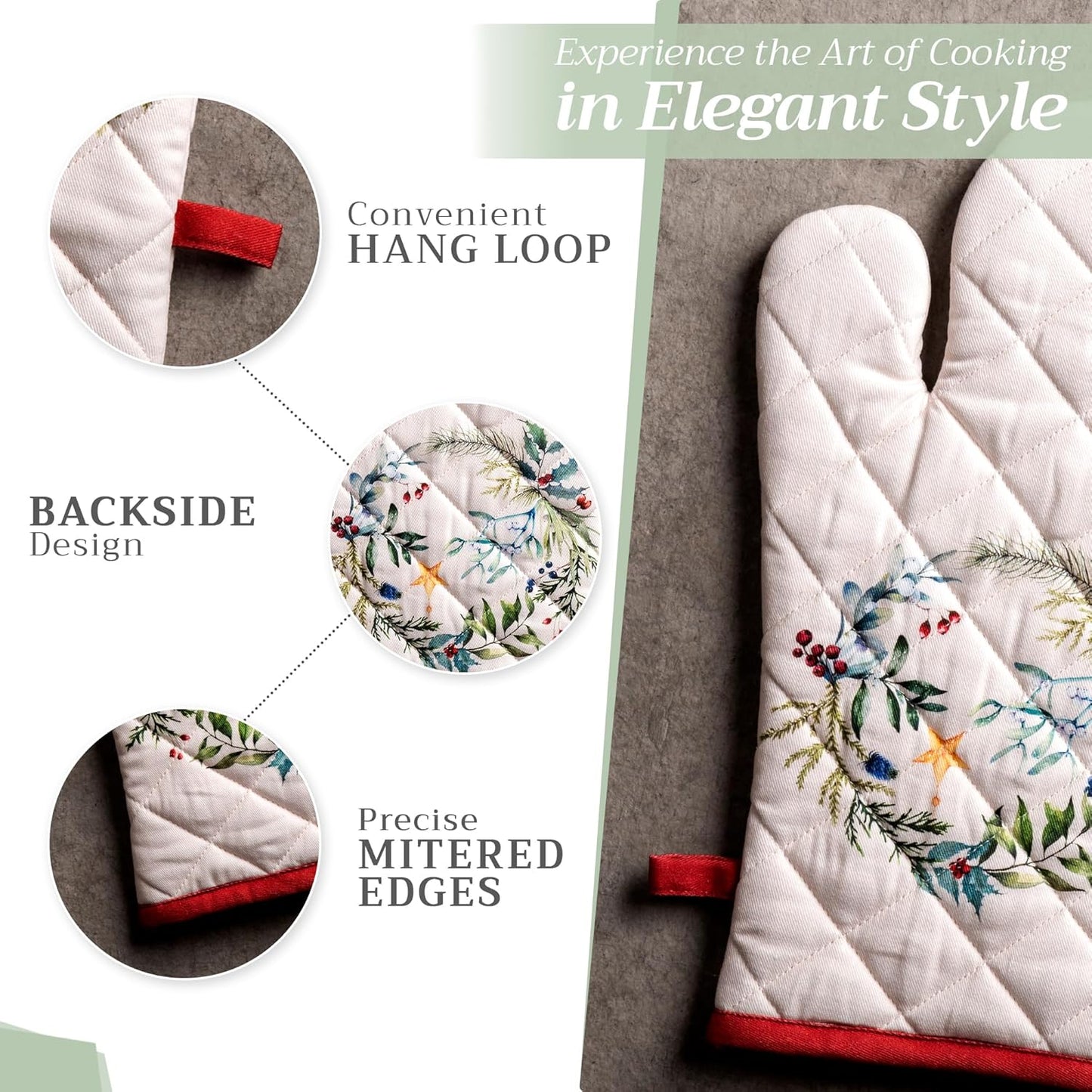 Maison d' Hermine Oven Gloves 100% Cotton Oven Mitt 7" x 13" with Loop Heat Resistant, BBQ, Cooking Gloves, Baking, Grilling, Kitchen, Handling Hot Pans (Pack of 1, Holly Time)