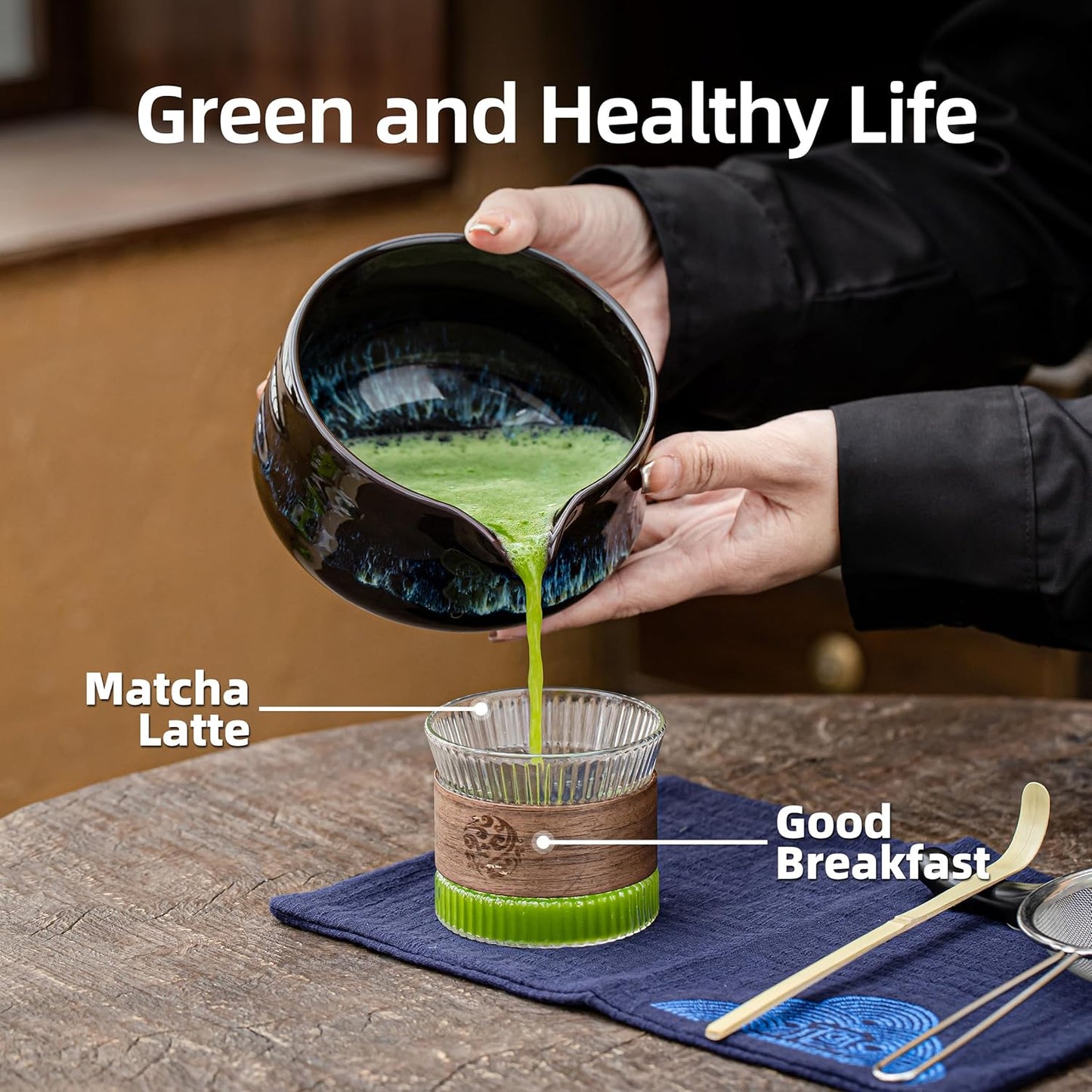 TEANAGOO Matcha Whisk Set, 7 Pcs Matcha Set Blue, Matcha Kit for Ceremony, Matcha Tea Set for Making Breakfast/Latte, Ceramic Matcha Bowl(chawan) whith Spout and Whisk, Gift for Friend/Family