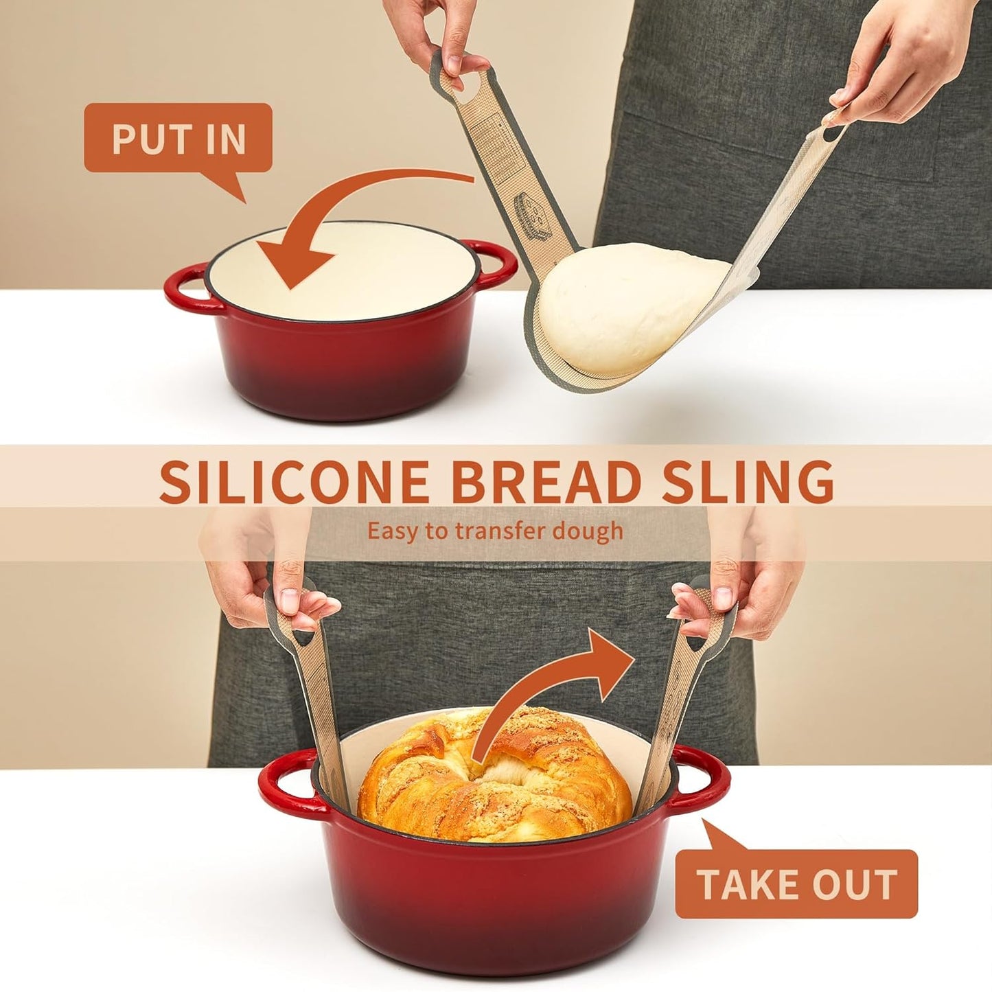 Silicone Sourdough Bread Sling Mat - 2Pcs Round Dough Baking Slings for Dutch Oven, NonStick High Degree Kitchen Sourbread Making Loaf Pan Lifter Liner, Reusable Cooking Transfer Mats with Long Handle