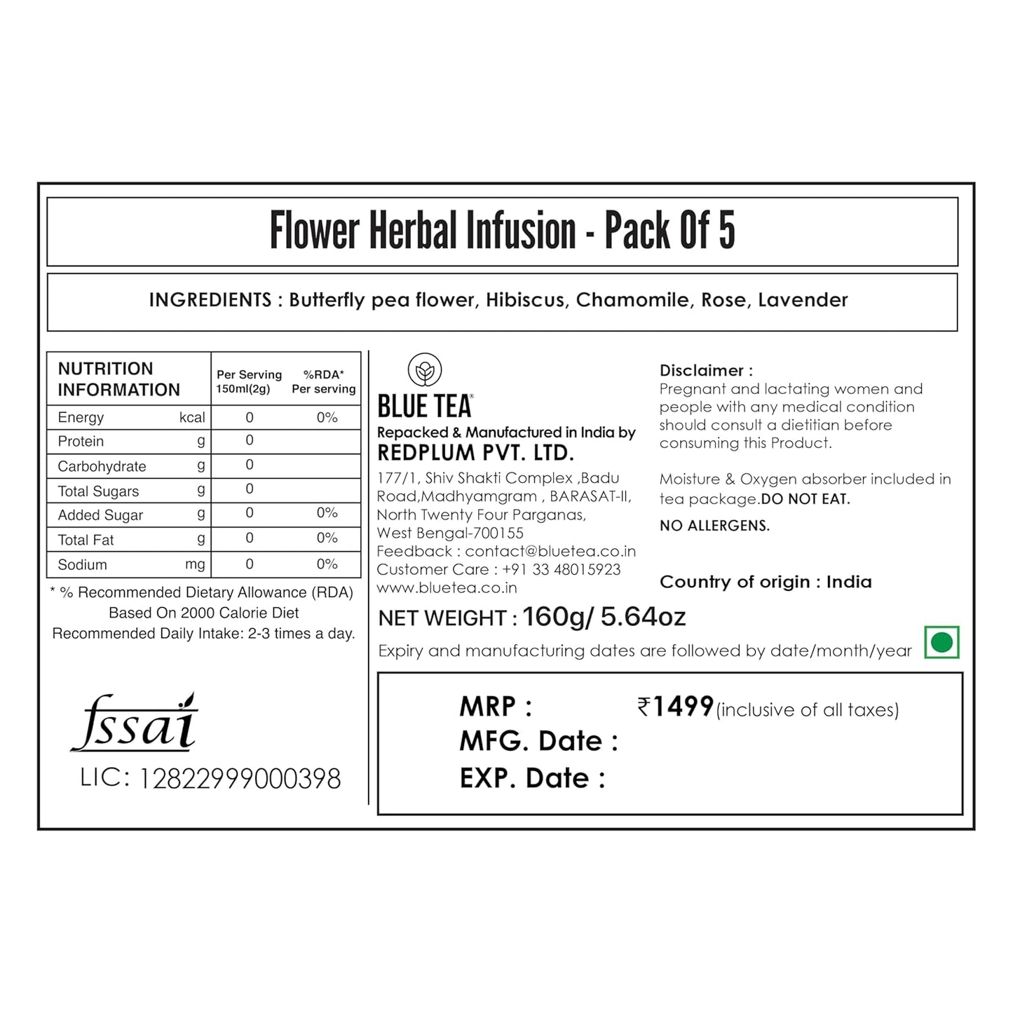 BLUE TEA - Flower Tea Combo - 5.64 Oz (Pack of 5) | Butterfly Pea, Rose, Hibiscus, Chamomile, Lavender | VARIETY PACK | Caffeine Free - Non-Bitter - Herbal Tea - Flower Based | Pet Jar Pack