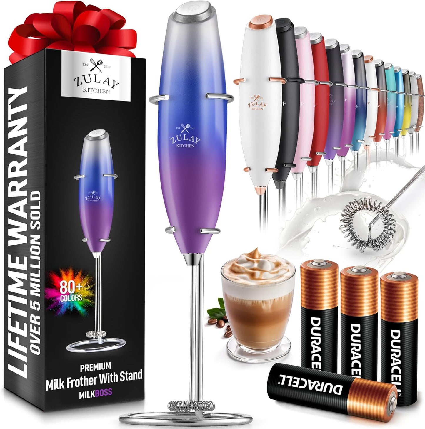 Zulay Kitchen Powerful Milk Frother Wand With 4 AA Duracell Batteries - Ultra Fast Handheld Drink Mixer - Electric Whisk Foam Maker for Coffee, Lattes, Cappuccino, Matcha & Creamer -