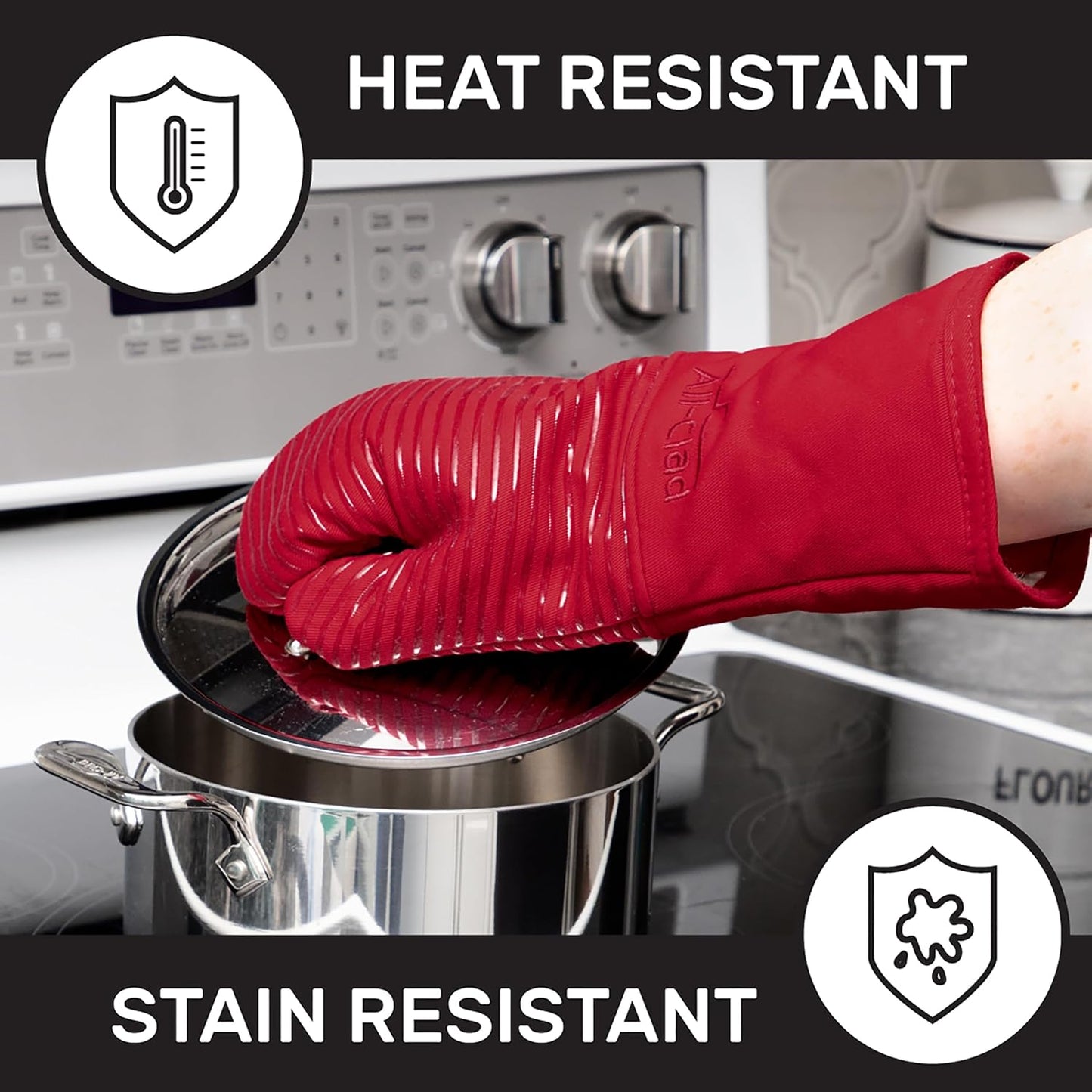 All-Clad Silicone Oven Mitts: Heat Resistant up to 500 Degrees - 100% Cotton & Silicone, 14"x7" Oven Mitt for Kitchen and Barbeque, 2-Pack, Chili