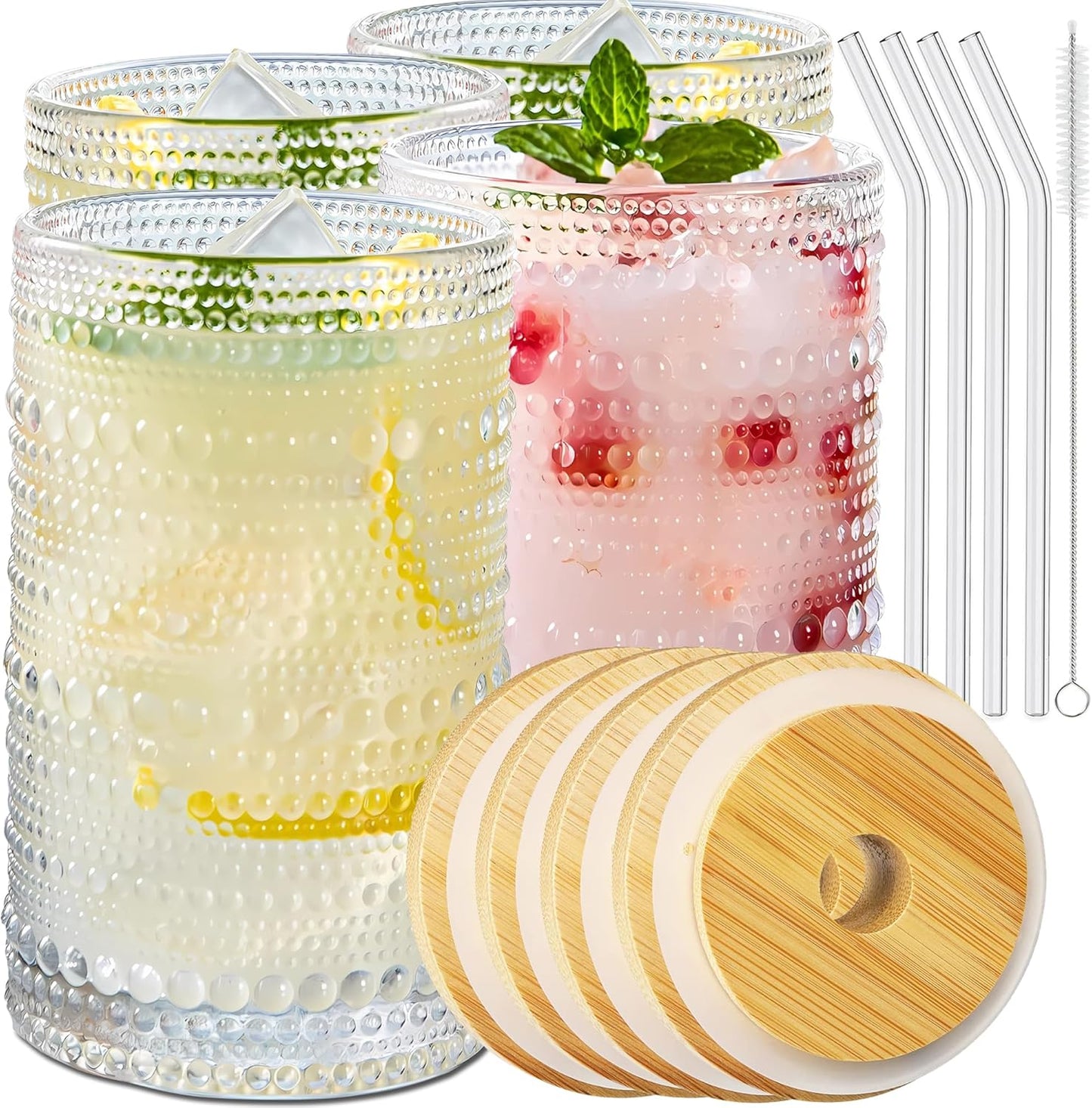 4 Pcs Iced Coffee Glasses Cups with Bamboo Lids and Straws,12 oz Thick Emboss Beaded Drinking Glass Cup Set,Latte Glasses,Ideal for Water,Soda,Gift - with Cleaning Brushe
