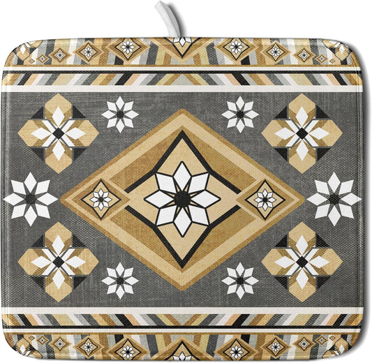 Boho Yellow Gray Aztec Dish Drying Mat for Kitchen Counter,Native American Tribal Aztec Ethnic Boho Style Drying Mat 16 x 18 Inch Microfiber Dish Drying Pad Dish Rack Pad Drainer Mat for Coffee Bar