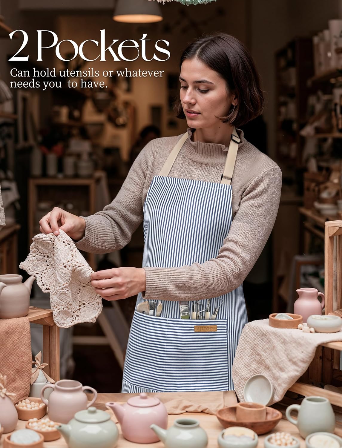 2 Pack Kitchen Cooking Aprons, Soft Aprons for Women Men with 2 Pockets Chef Apron with Adjustable Neck Strap and Long Tie