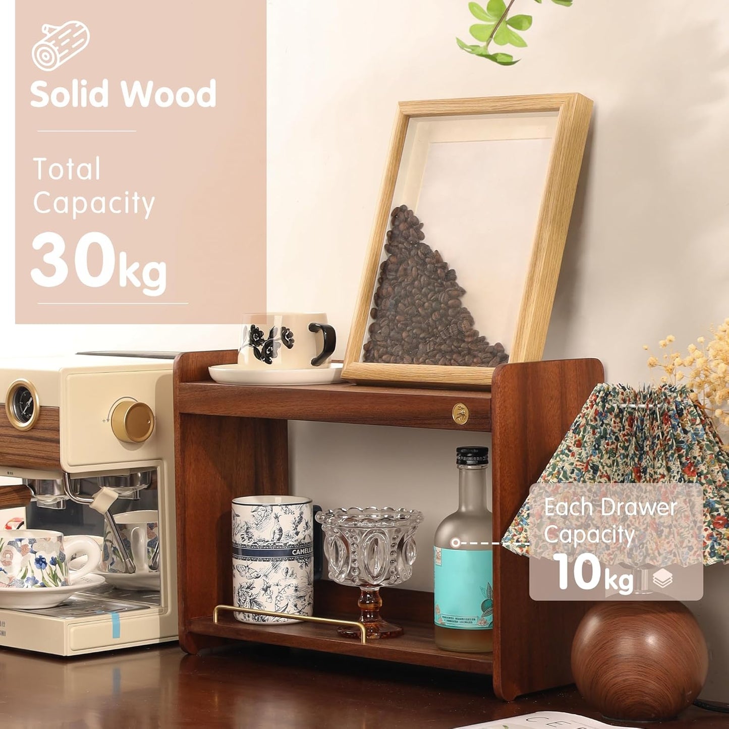 Coffee Mug Holder Wooden Cup Rack Mug Display Shelf Coffee Cup Holder for Countertop With 4 Mug Cups 2 Tier Wood Coffee Mugs Holder for Kitchen Coffee Cup Storage