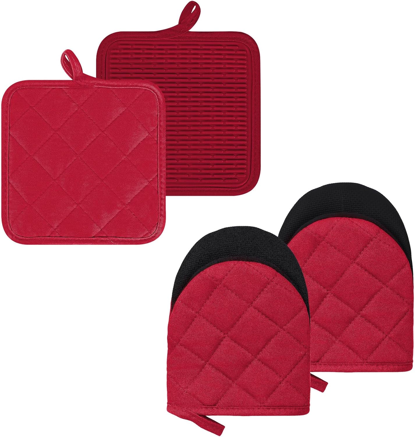 Oven Mitts and Pot Holders Set, Pack of 4, Heat Resistant Silicone Kitchen Mini Oven Mittens for 500 Degrees, Mini Oven Gloves and Hot Pads for Baking Grilling Barbecue Microwave Machine Washable