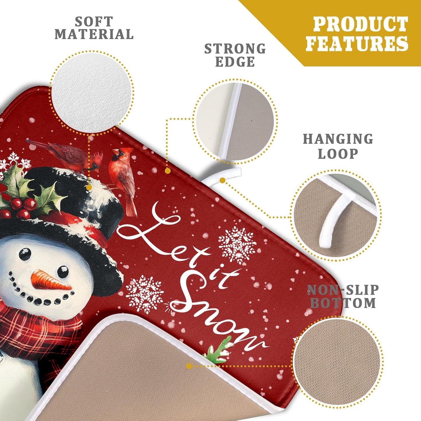 Let It Snow Winter Snowflake Red Dish Drying Mat for Kitchen Counter,Xmas Trees Snowman Cardinal Bird Drying Mat 16 x 18 Inch with High Absorbent Microfiber Drainer Mat for Coffee Bar