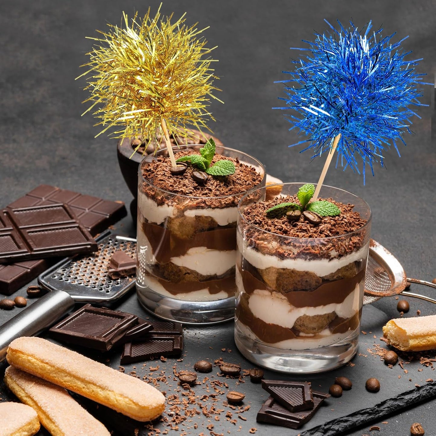 Chinco 100 Pcs Foil Firework Cupcake Toppers Sparkle Tinsel Cake Toppers Cake Decoration Cocktail Fruit Toothpick for Birthday Wedding Graduation Party(Bright Color)