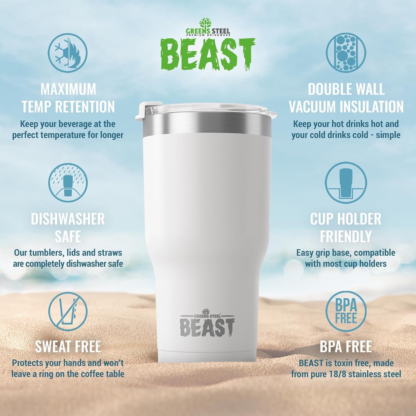 Beast 30 oz Tumbler Stainless Steel Vacuum Insulated Coffee Ice Cup Double Wall Travel Flask (Arctic White)