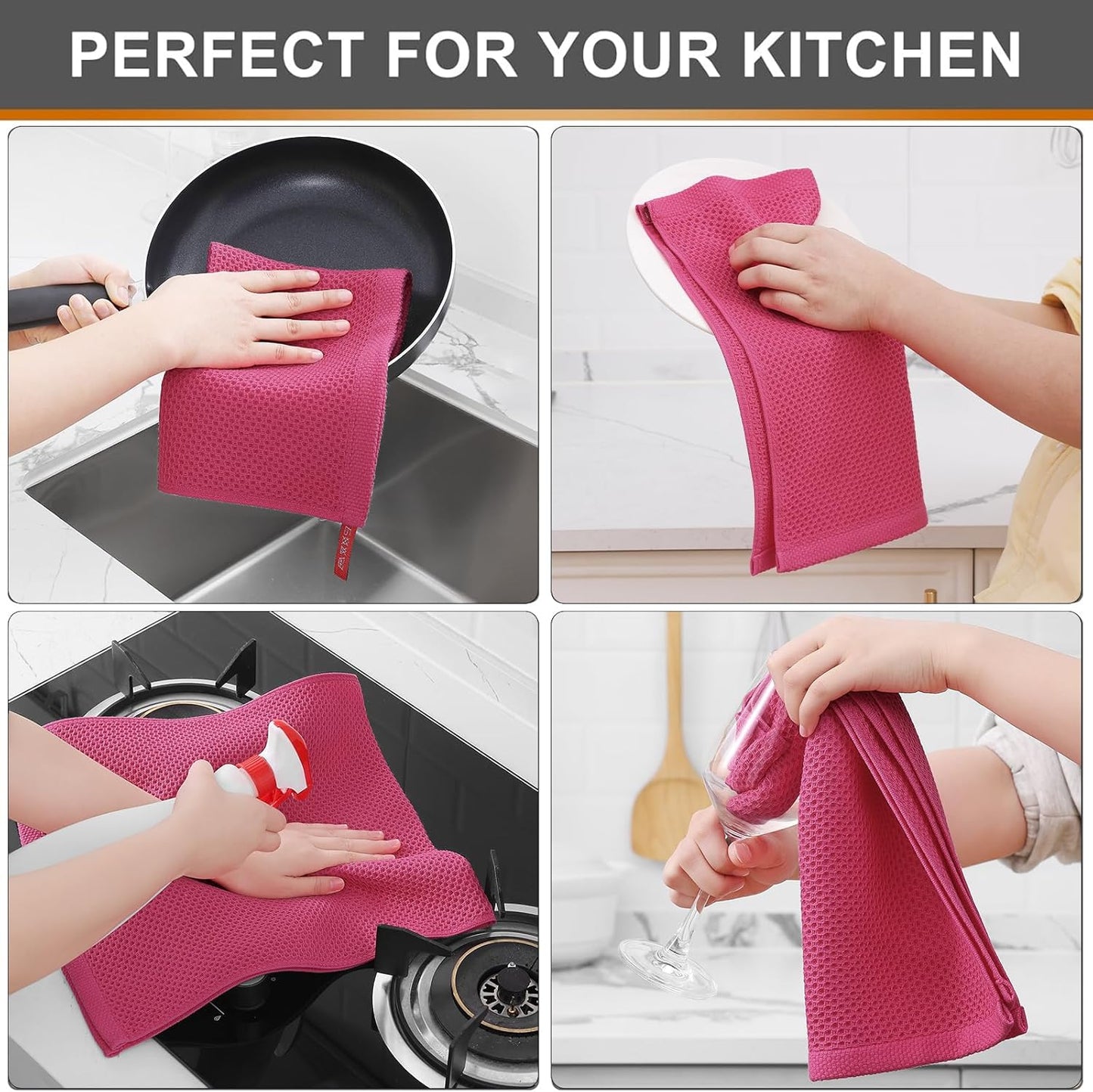 Kitinjoy 100% Cotton Waffle Weave Kitchen Towels, 12-Pack Super Soft and Absorbent Dish Towels for Drying Dishes, Kitchen Hand Towels, 13 in x 28 in, Hot Pink