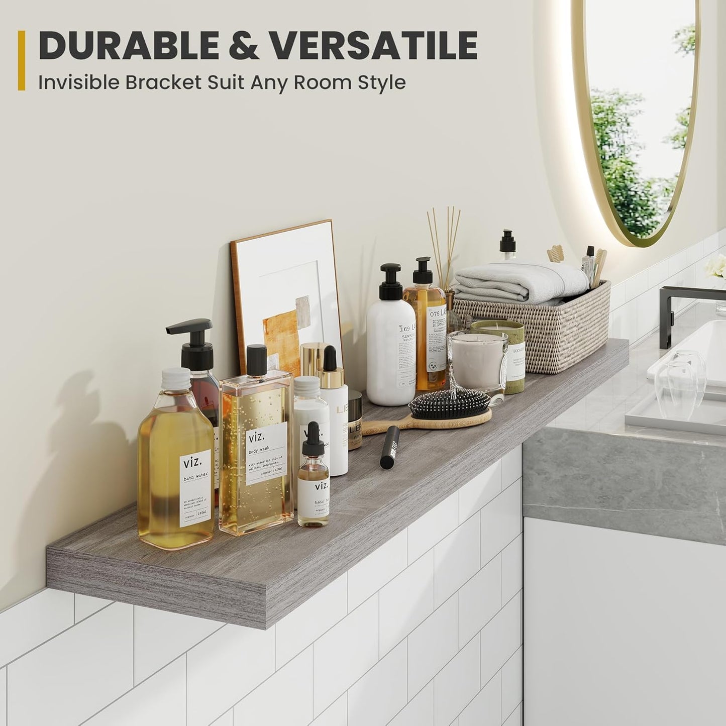 55 Inch Floating Shelves, 9.3" Deep Floating Shelf Wall Mounted, 56" Wall Shelves, Rustic Deep Bookshelf, Large Display Shelves & Storage Shelves for Bedroom, Living Room, Gray, Set of 1