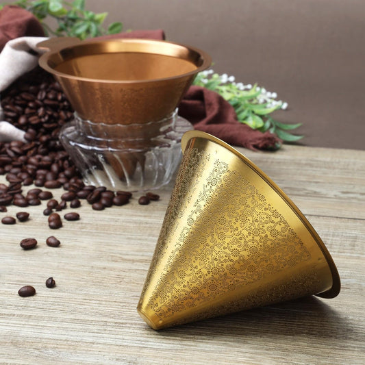 ATHIA Golden Reusable Stainless Steel Pour Over Coffee Dripper, Laser Etched Double Mesh Cone Filter, Paperless, Eco-friendly, Fits Hario, Chemex, carafes & most coffee makers (Golden, Cone Shape)