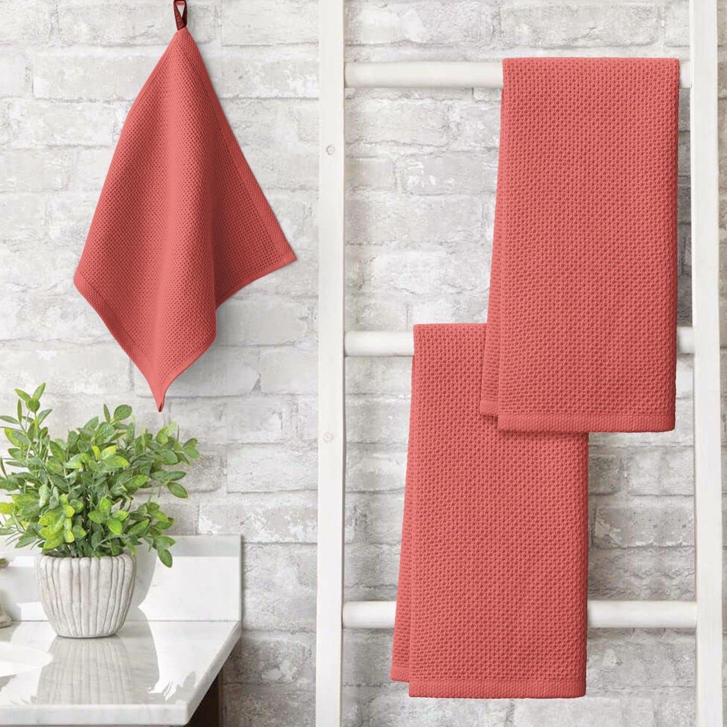 Artoid Mode 100% Cotton Red Waffle Weave Kitchen Dish Cloths, 13x28 Inch Ultra Soft Absorbent Quick Drying Kitchen Dish Towels Set of 4